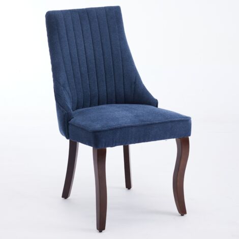 Set di 2 Sedie da Pranzo con Gambe Curve in Legno Massello, Comode e Imbottite, in Lino Floccato Blu, per Cucina e Sala