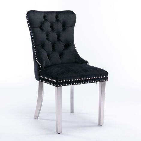 Set di 2 Sedie da Pranzo, con Gambe Dorate e Borchie, Design Moderno, in Velluto Trapuntato Nero