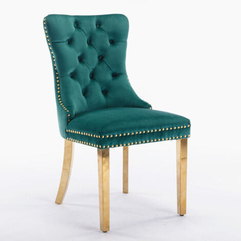 Set di 2 Sedie da Pranzo, con Gambe Dorate e Borchie, Design Moderno, in Velluto Trapuntato Verde