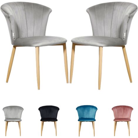 Set di 2 sedie da pranzo Elsa Velvet - Sedie da pranzo moderne imbottite con gambe in legno - Grigio