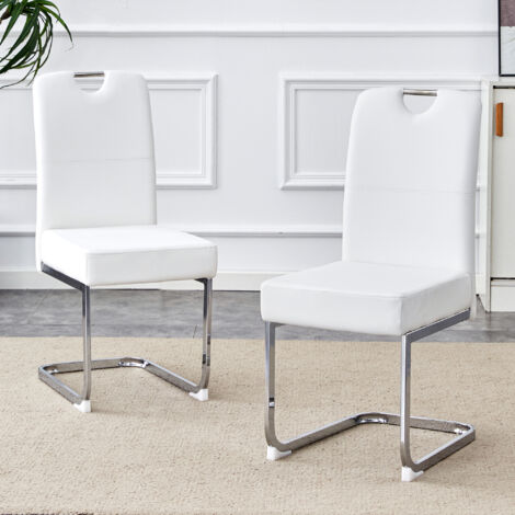 Set di 2 sedie da pranzo ergonomiche, seduta a molle, struttura in metallo, PU bianco