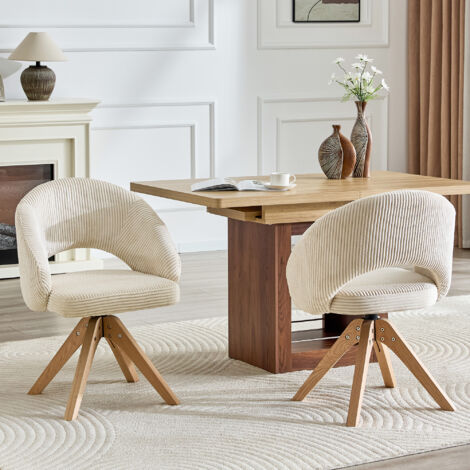 Set di 2 sedie da pranzo girevoli, con rotazione a 360°, altezza 84 cm, con schienale avvolgente, in tessuto bianco e legno.