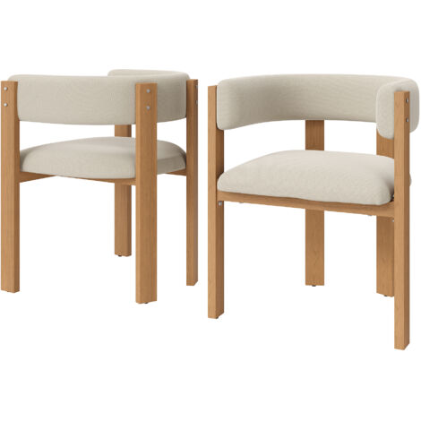 Set di 2 sedie da pranzo, in flanella e metallo, con schienale ergonomico e piedi effetto legno, beige