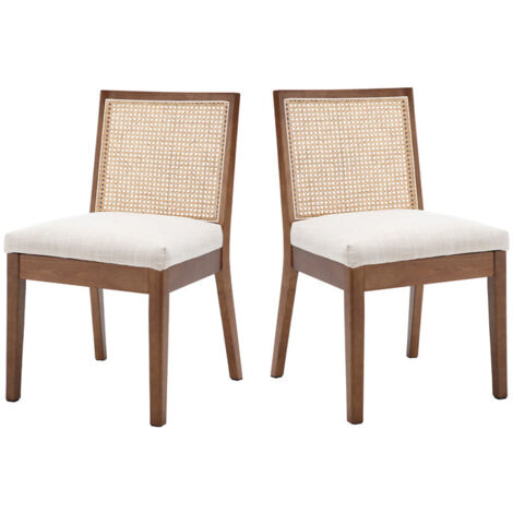 Set di 2 Sedie da Pranzo in Tessuto di Lino Sedie da Cucina Retrò in Rattan Sedie con Gambe in Legno per Soggiorno, Beige