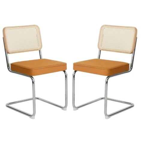 Set di 2 sedie da pranzo in velluto e rattan con piedini cromati, arancione