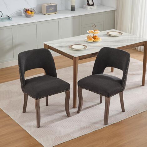 Set di 2 sedie da pranzo, schienale avvolgente cavo con borchie in rame, seduta imbottita in ciniglia, gambe in legno curvato, nero