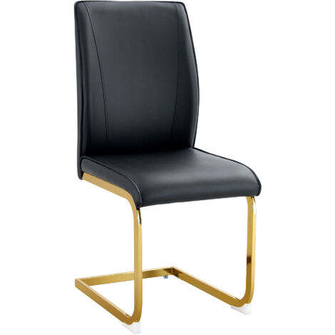 Set di 2 sedie da pranzo, sedie soggiorno, sedie da cucina, gambe in metallo dorato, imbottita in pelle PU, nero, per casa