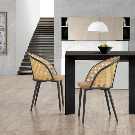 Set di 2 Sedie 'Gagnef' in Similpelle Marrone e Schienale in Rattan [en.casa]