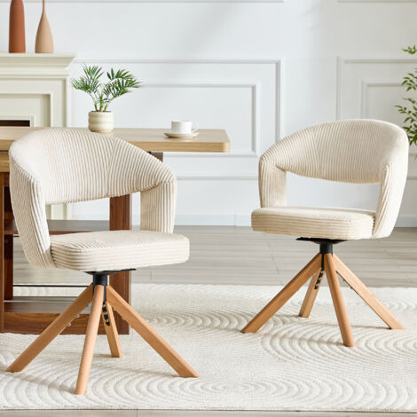 Set di 2 sedie girevoli a 360° in velluto a coste bianco crema, con gambe in legno massello, per la sala da pranzo.