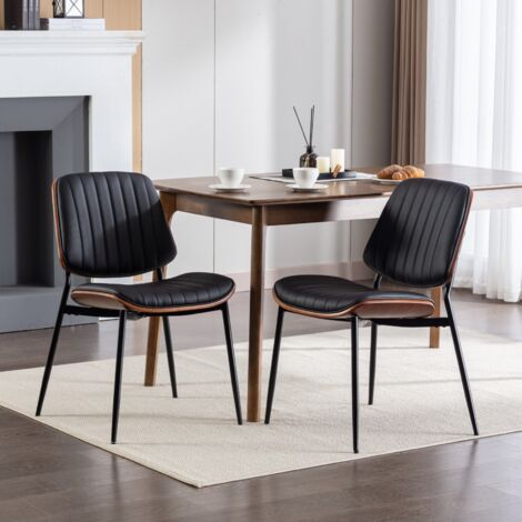 Set di 2 sedie in stile retrò metà secolo - Schienale in legno, schienale curvo, gambe in metallo regolabili - per cucina e sala da pranzo - Nero