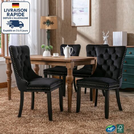 Set di 2 sedie in velluto e legno - Vintage/Retro - Legno massello trapuntato di alta qualità - Con gambe in legno e finiture con borchie - Nero