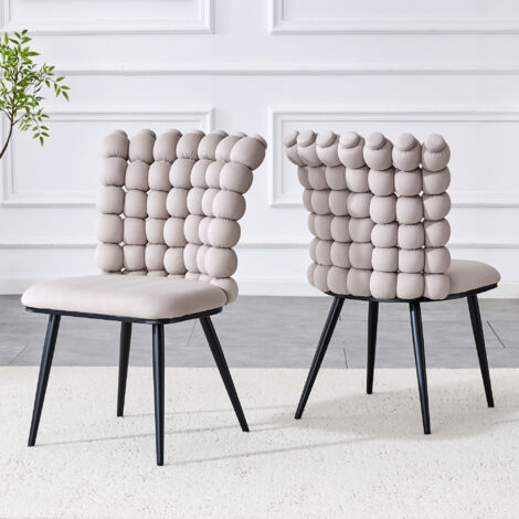 Set di 2 sedie in velluto, schienale effetto catena con perline 3D, gambe in metallo nero, moderne per sala da pranzo e soggiorno - Grigio chiaro