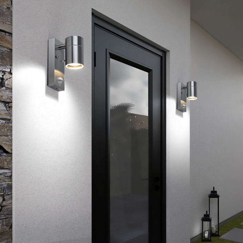 Image of Set di 2 faretti da parete a led con sensore di movimento verso il basso luci per facciate esterne lampade da giardino in acciaio inossidabile