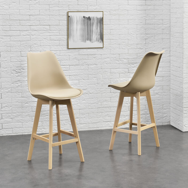 Set Lublin di 2 Sgabelli da Bar con Seduta Imbottita e Gambe in Faggio - Beige [en.casa]