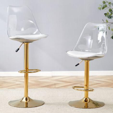 Set di 2 Sgabelli da Bar, Altezza Regolabile e Girevoli con Schienale Trasparente, Metallo e Plastica, Oro e Trasparente