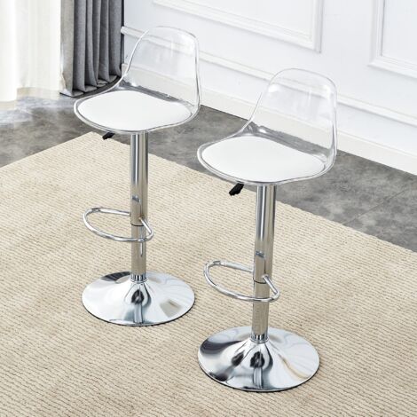 Set di 2 sgabelli da bar - altezza regolabile, schienale trasparente + gambe in metallo argentato - rotazione a 360° - argento