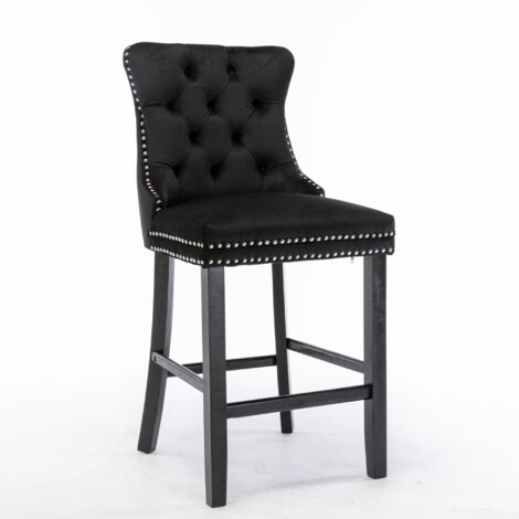 Set di 2 Sgabelli da Bar, con Decorazione Capitonné e Gambe in Legno, Finiture Cromate e Borchie, in Velluto Nero