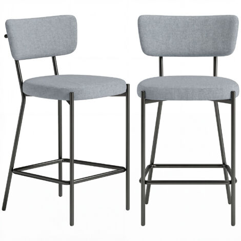 Set di 2 sgabelli da bar con schienale e poggiapiedi in metallo, in tessuto grigio chiaro.