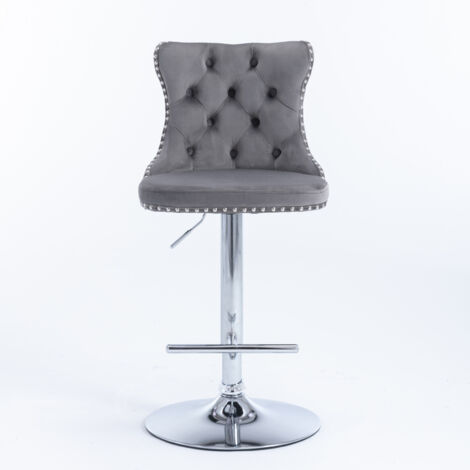 Set di 2 Sgabelli da Bar con Schienale Trapuntato, Girevoli, Altezza Regolabile 116cm, in Velluto Grigio, per Casa e Pub