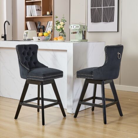 Set di 2 sgabelli da bar girevoli a 360° con schienale curvo e seduta imbottita, gambe in legno, velluto nero