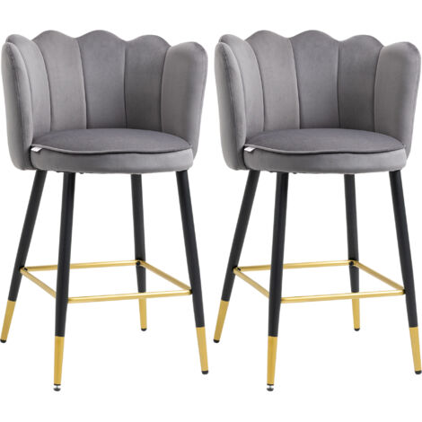 Set di 2 sgabelli da bar in velluto con poggiapiedi e base in acciaio, 59x52x90 cm, grigio