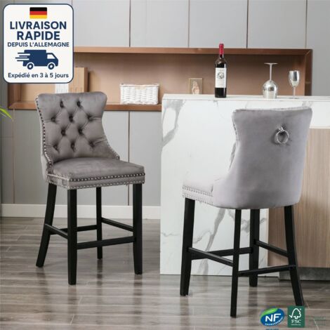 Set di 2 sgabelli da bar in velluto e legno - Rivestimento capitonné e gambe in legno - Borchie cromate - Grigio