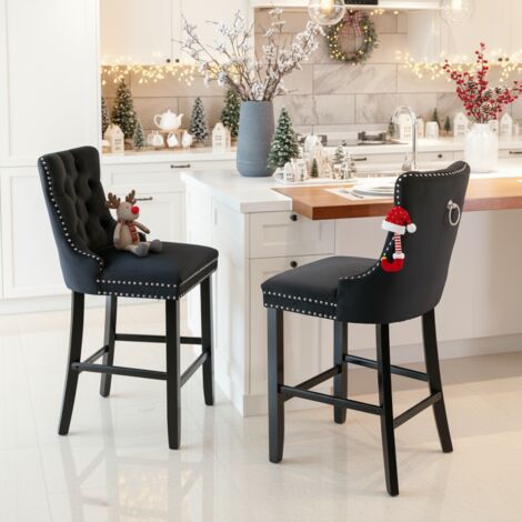 Set di 2 sgabelli da bar in velluto - Imbottitura capitonné, gambe in legno e rivetti cromati decorativi - stile nordico - Nero
