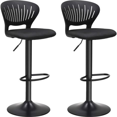 Set di 2 Sgabelli da Bar, Sedie Regolabili in Altezza con Schienale a Forma di Corona, Sedile Imbottito Confortevole, Poggiapiedi e Fodera a Rete Traspirante, Girevole a 360°, Nero LJB04BK - Nero