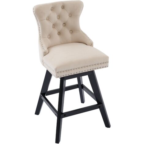Set di 2 Sgabelli da Bar, Seduta Spessa, Gambe Legno, Sgabelli Leisure Comodi, in Velluto Beige, per Cucina e Bar
