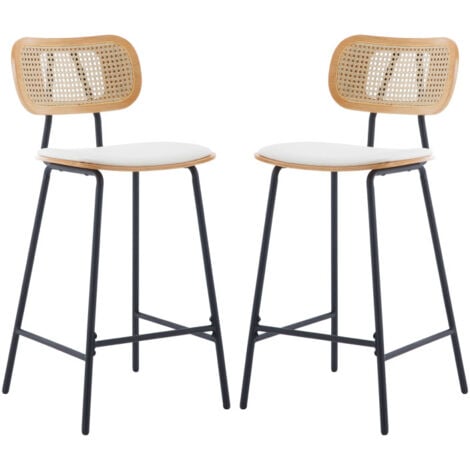 Set di 2 Sgabelli da Bar Sgabelli Cucina Imbottite in Rattan Sedia da Bar Retrò con Cuscino in Ecopelle Sgabelli Alti per Cucina Bancone, Bianco