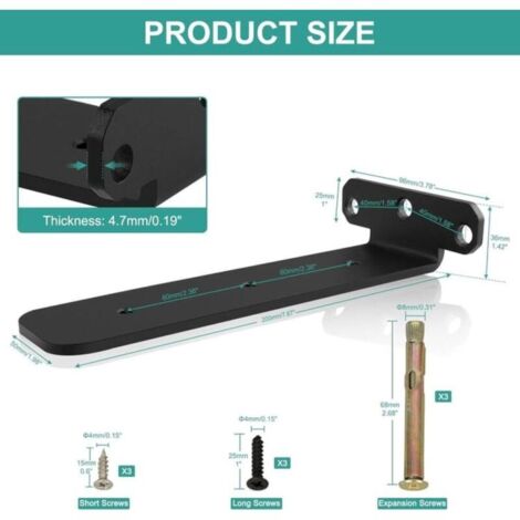 Set di 2 staffe da parete in metallo con viti - Resistenti - Supporto per mensola a L da 200 mm, montaggio flottante, nero