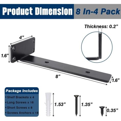 Set di 2 staffe per mensole flottanti da 20 cm (8 pollici), ferramenta a scomparsa resistente per mensole in legno con verniciatura a polvere nera.