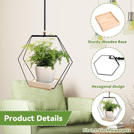 Set di 2 supporti per piante da interno, composto da vaso sospeso, anello in metallo con base in legno e gancio incluso. Ideale per interni, balconi e giardino.
