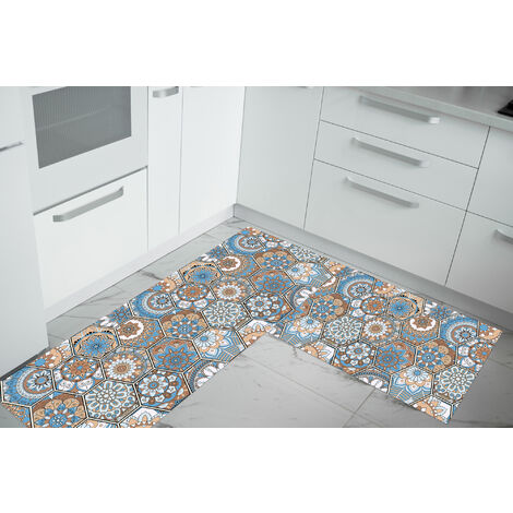 Set di 2 tappeti da cucina antiscivolo e lavabili in lavatrice passatoia multiuso  Esagoni Celesti - 50x90+50x180