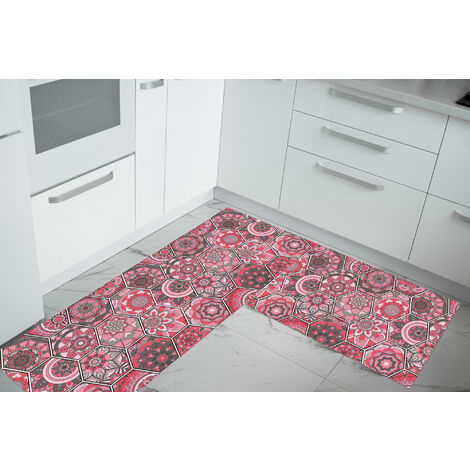 Set di 2 tappeti da cucina antiscivolo e lavabili in lavatrice passatoia multiuso  Esagoni Rosa - 50x60+50x120