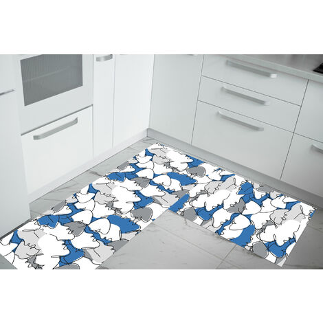 Set di 2 tappeti da cucina antiscivolo e lavabili in lavatrice passatoia multiuso  Face Blu - 50x60+50x120