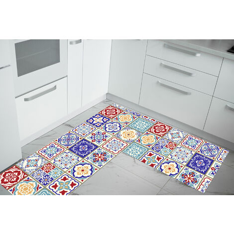 Set di 2 tappeti da cucina antiscivolo e lavabili in lavatrice passatoia multiuso  Mattonella - 50x60+50x120