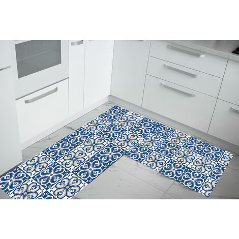 Set di 2 tappeti da cucina antiscivolo e lavabili in lavatrice passatoia multiuso  Mattonella Blu - 50x60+50x120