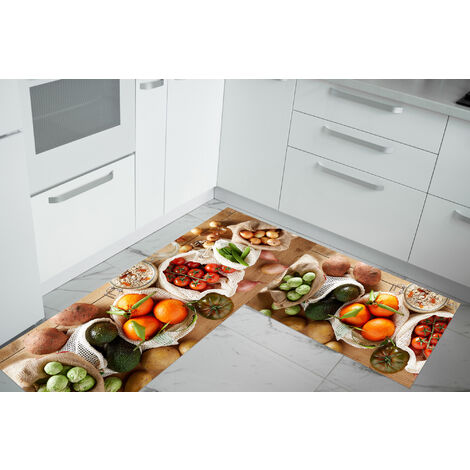 Set di 2 tappeti da cucina antiscivolo e lavabili in lavatrice passatoia multiuso  Verdura Tavola - 50x60+50x120