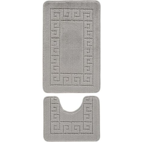 Set di 2 tappetini da bagno antiscivolo con motivo a greca, tappetino morbido e lavabile, tappetino doccia assorbente ad asciugatura rapida e piedistallo (antracite)