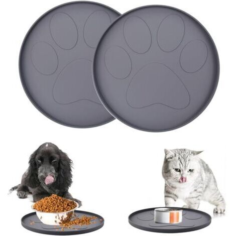 Set di 2 tappetini per ciotole per cani e gatti, in silicone, rotondi, da 28 cm, piccoli, per ciotole di cani e gatti (grigio)
