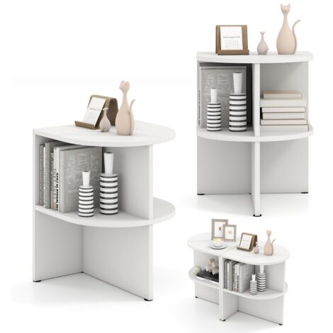 Set di 2 tavolini a forma di mezzaluna con ripiani aperti, Tavolini da caffè per spazi ridotti Bianco