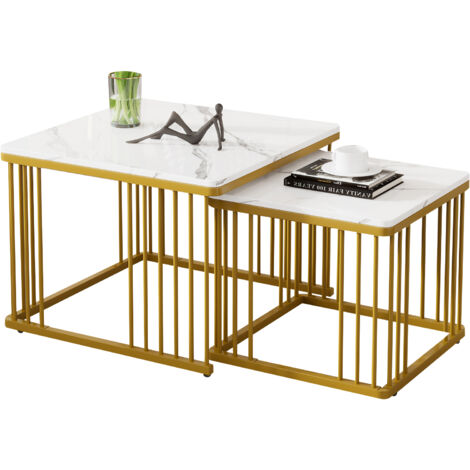 Set di 2 Tavolini da caffè 60x60x45 cm e 45x45x40 cm, Piano Melaminico Antiscivolo, con Gambe Dorate, Portata 30 kg, Bianco