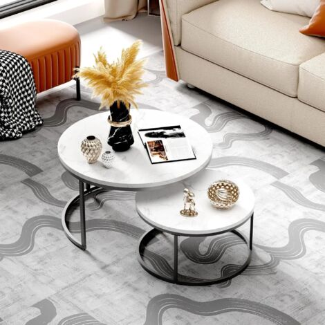 Set di 2 tavolini da caffè con gambe rotonde in metallo, 80x80x45 cm e 60x60x33,5 cm, in MDF, bianco + nero.