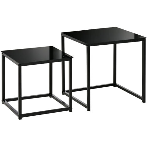 Set di 2 tavolini impilabili, composto da tavolino da caffè e tavolino laterale con piano in vetro temperato e struttura in metallo, ideale per soggiorno, camera da letto e ufficio, colore nero.