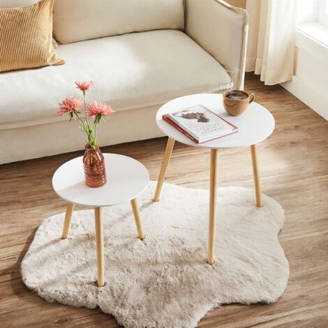 Set di 2 tavolini Rotondi da Salotto, in Legno, Stile scandinavo, Colore: Naturale