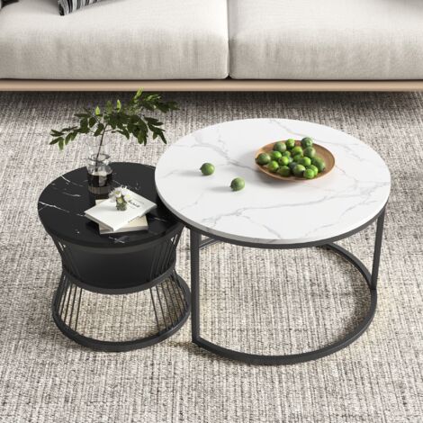 Set di 2 tavolini rotondi gigognes, marmo bianco e nero - Design moderno e salvaspazio