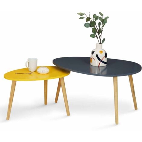 IDMARKET Set di 2 tavolini scandinavi GAIA laccati grigi e gialli