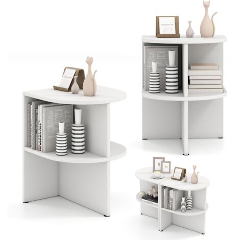 Set di 2 tavolini semicircolari, comodino a mezzaluna a 2 ripiani, ripiani aperti, tavolino da caffè piccolo, 38 x 38 x 48,5 cm, bianco