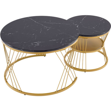 Set di 2 Tavolino da caffè 70x70x45cm Versatile impilabile piano effetto marmo MDF, Nero, per soggiorno